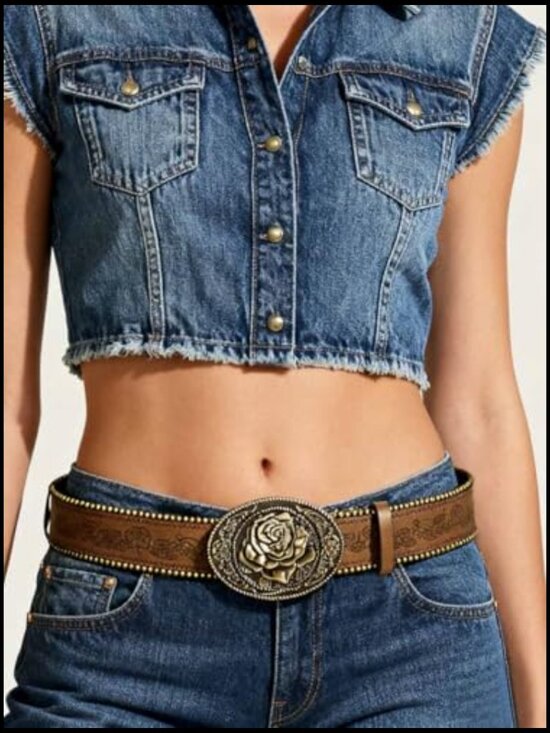 Vintage Western Belt with Heart Embossed Buckle PU Leather Adjustable main image 6